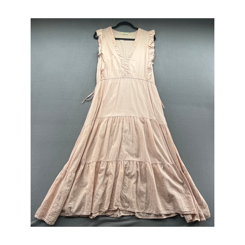 Stark X Dress Pink Ruffle V-Neck Tiered Maxi Sleeveless Pockets Boho L